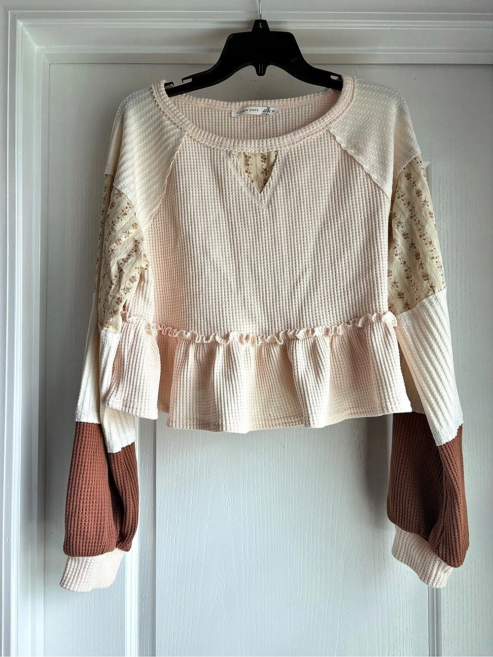 Altar'd State Floral Sleeve Knit Peplum Sweater in Cream & Brown